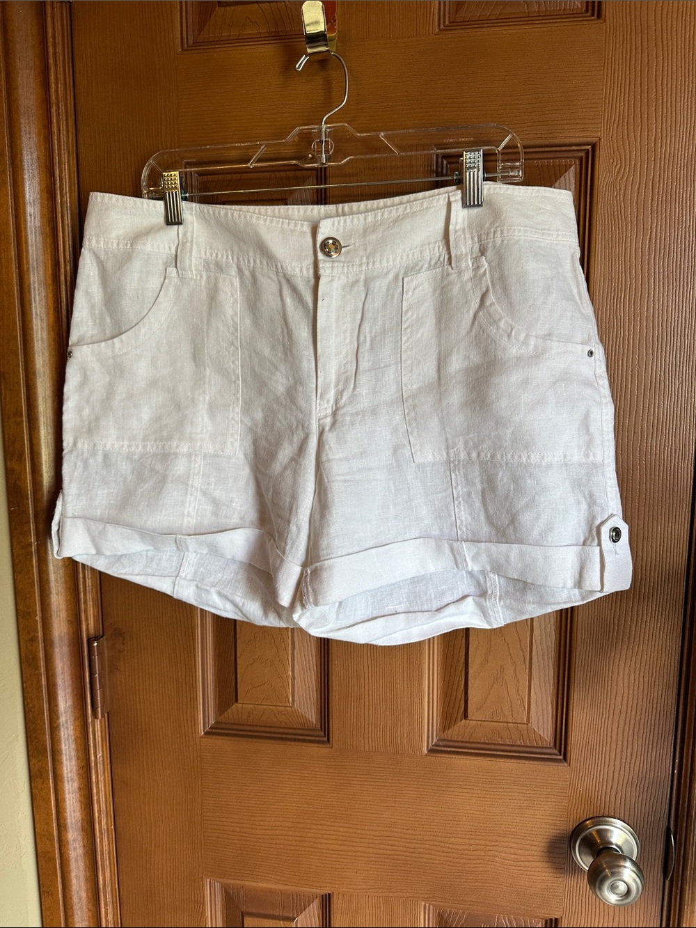 Women’s INC Cuffed White Linen Shorts With Jewel Embellishments, size 14
